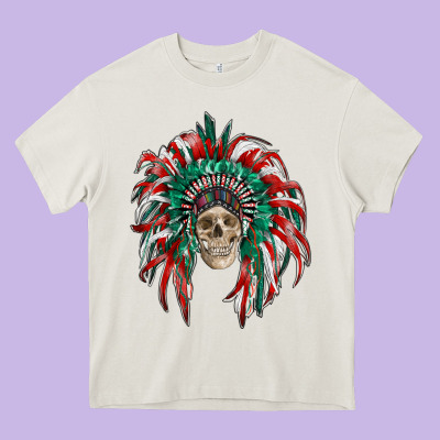Mexican Flag Indian Headdress With  Skull Heavy Core Tee Designed By Ranaportraitstore