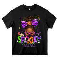 Black Halloween Afro Messy Bun Spooky Mama Heavy Core Tee - texasbilliewilder