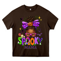Chocolate Brown Halloween Afro Messy Bun Spooky Mama Heavy Core Tee - texasbilliewilder