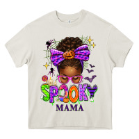 Cream Halloween Afro Messy Bun Spooky Mama Heavy Core Tee - texasbilliewilder