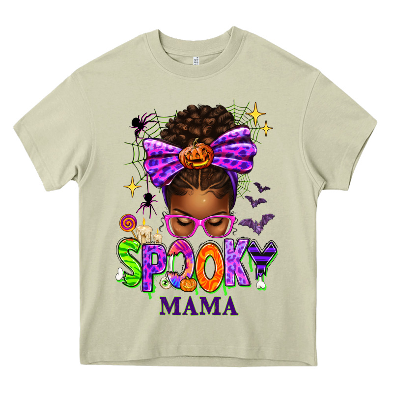 Halloween Afro Messy Bun Spooky Mama Heavy Core Tee by texasbilliewilder | Teevron