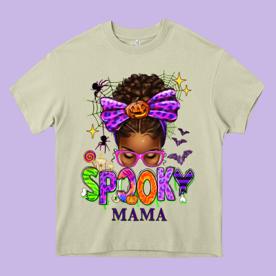 Halloween Afro Messy Bun Spooky Mama Heavy Core Tee Designed By Texasbilliewilder