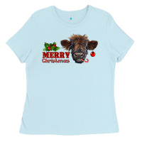 Baby Blue merry christmas highland calf with candy cane Ladies Tee - RanaPortraitStore
