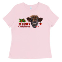 Bubblegum Pink merry christmas highland calf with candy cane Ladies Tee - RanaPortraitStore