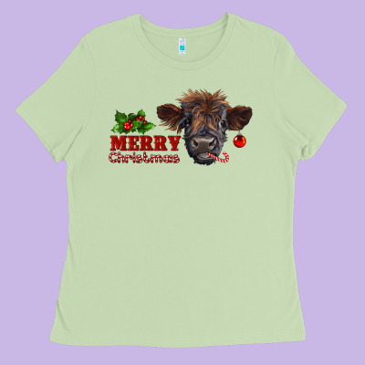 Merry Christmas Highland Calf With Candy Cane Ladies Tee Designed By Ranaportraitstore