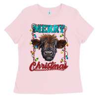 Bubblegum Pink merry christmas highland calf baby cow Ladies Tee - RanaPortraitStore