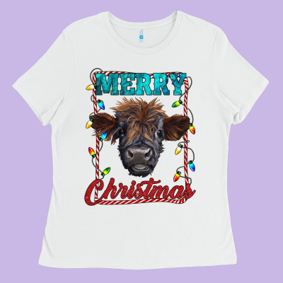 Merry Christmas Highland Calf Baby Cow Ladies Tee Designed By Ranaportraitstore