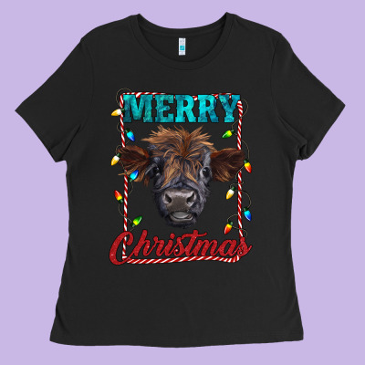 Merry Christmas Highland Calf Baby Cow Ladies Tee Designed By Ranaportraitstore