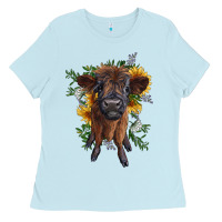 Baby Blue highland cow with sunflower Ladies Tee - RanaPortraitStore