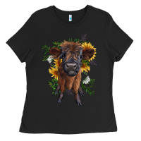 Black highland cow with sunflower Ladies Tee - RanaPortraitStore