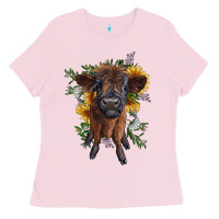 Bubblegum Pink highland cow with sunflower Ladies Tee - RanaPortraitStore