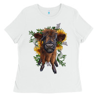 White highland cow with sunflower Ladies Tee - RanaPortraitStore