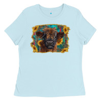 Baby Blue highland cow calf with western background Ladies Tee - RanaPortraitStore