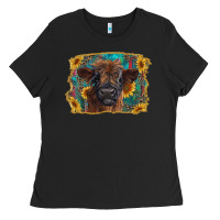Black highland cow calf with western background Ladies Tee - RanaPortraitStore