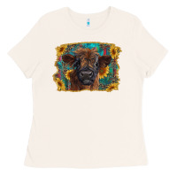 Bone highland cow calf with western background Ladies Tee - RanaPortraitStore