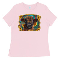Bubblegum Pink highland cow calf with western background Ladies Tee - RanaPortraitStore