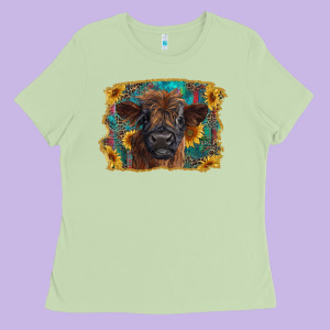 Highland Cow Calf With Western Background Ladies Tee Designed By Ranaportraitstore