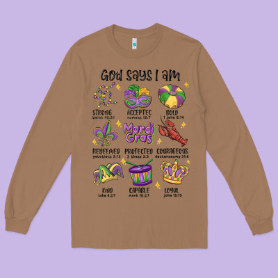 God Says I Am Mardi Gras Long Sleeve Tee Designed By Maliassmallbusiness