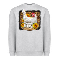 Heather Grey perched chicken with sunflowers leopard background Heavyweight Sweatshirt - LillyAllenDesigns
