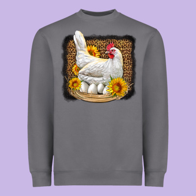 Perched Chicken With Sunflowers Leopard Background Heavyweight Sweatshirt Designed By Lillyallendesigns