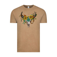 Vintage Coffee boho bullskull with sunflower and gemstone Vintage Tee - Artiststas