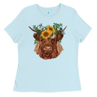 Baby Blue highland cow with sunflowers Ladies Tee - RanaPortraitStore