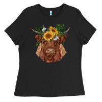 Black highland cow with sunflowers Ladies Tee - RanaPortraitStore
