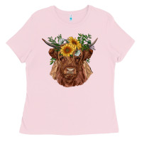 Bubblegum Pink highland cow with sunflowers Ladies Tee - RanaPortraitStore
