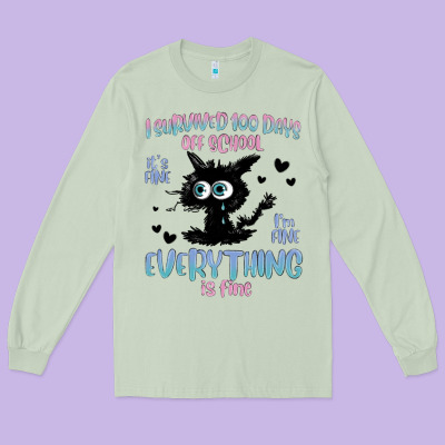 I Survived 100 Days Of School Cat Long Sleeve Tee Designed By Maliassmallbusiness