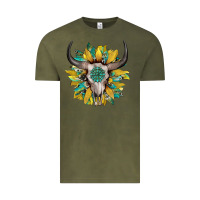 Vintage Olive boho bullskull with sunflower and gemstone Vintage Tee - Artiststas