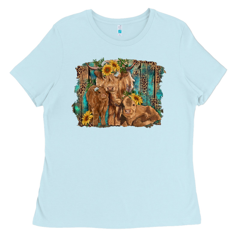 Highland Cow Family Cattle And Calf With Sunflower And Turquoise Backg Ladies Tee by RanaPortraitStore | Teevron