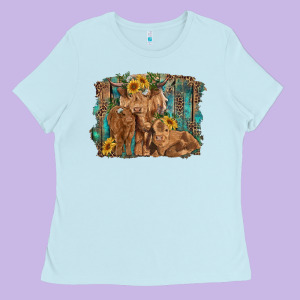 Highland Cow Family Cattle And Calf With Sunflower And Turquoise Backg Ladies Tee Designed By Ranaportraitstore