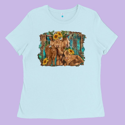 Highland Cow Family Cattle And Calf With Sunflower And Turquoise Backg Ladies Tee Designed By Ranaportraitstore