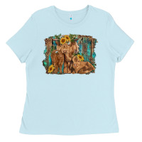 Baby Blue highland cow family cattle and calf with sunflower and turquoise backg Ladies Tee - RanaPortraitStore