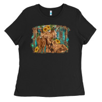 Black highland cow family cattle and calf with sunflower and turquoise backg Ladies Tee - RanaPortraitStore