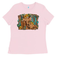 Bubblegum Pink highland cow family cattle and calf with sunflower and turquoise backg Ladies Tee - RanaPortraitStore