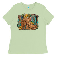Matcha highland cow family cattle and calf with sunflower and turquoise backg Ladies Tee - RanaPortraitStore