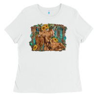 Highland Cow Family Cattle And Calf With Sunflower And Turquoise Backg Ladies Tee | Teevron