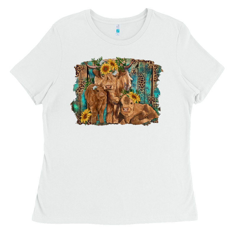 Highland Cow Family Cattle And Calf With Sunflower And Turquoise Backg Ladies Tee by RanaPortraitStore | Teevron