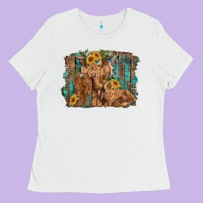 Highland Cow Family Cattle And Calf With Sunflower And Turquoise Backg Ladies Tee Designed By Ranaportraitstore