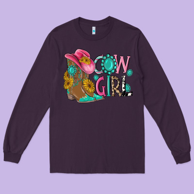 Cow Girl Western Boots Long Sleeve Tee Designed By Maliassmallbusiness