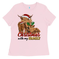 Bubblegum Pink christmas with my family highland cow cattle and calves Ladies Tee - RanaPortraitStore