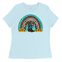 Baby Blue western cowboy boots sunflowers rainbow Ladies Tee - RanaPortraitStore
