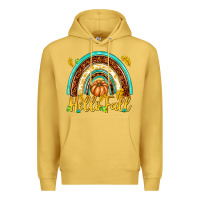 Antique Gold Hello Fall with Rainbow Premium Hoodie - texasbilliewilder