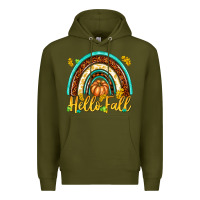 Army Green Hello Fall with Rainbow Premium Hoodie - texasbilliewilder