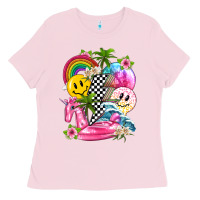 Bubblegum Pink summer smile face and beach vibes with rainbow tbw Ladies Tee - texasbilliewilder
