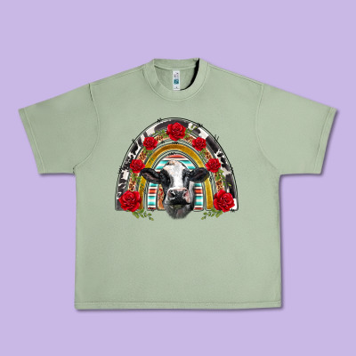 Black And White Baby Cow Floral Rose Rainbow Urban Heavy Tee Designed By Barkaloodesign