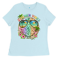 Baby Blue summer vibes with smile face and leopard Ladies Tee - texasbilliewilder