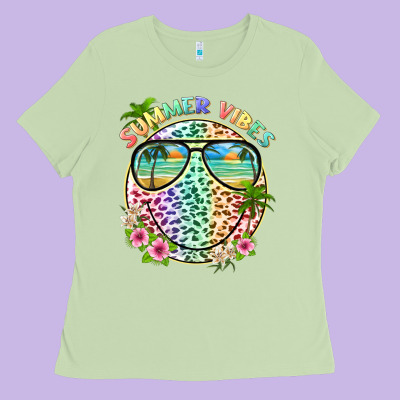 Summer Vibes With Smile Face And Leopard Ladies Tee Designed By Texasbilliewilder
