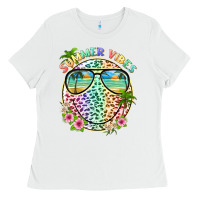 White summer vibes with smile face and leopard Ladies Tee - texasbilliewilder